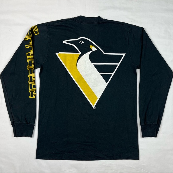 Vtg Pittsburgh Penguins Mens T-Shirt Medium 90s Single Stitch Black Arc Logo A5 - Picture 2 of 7